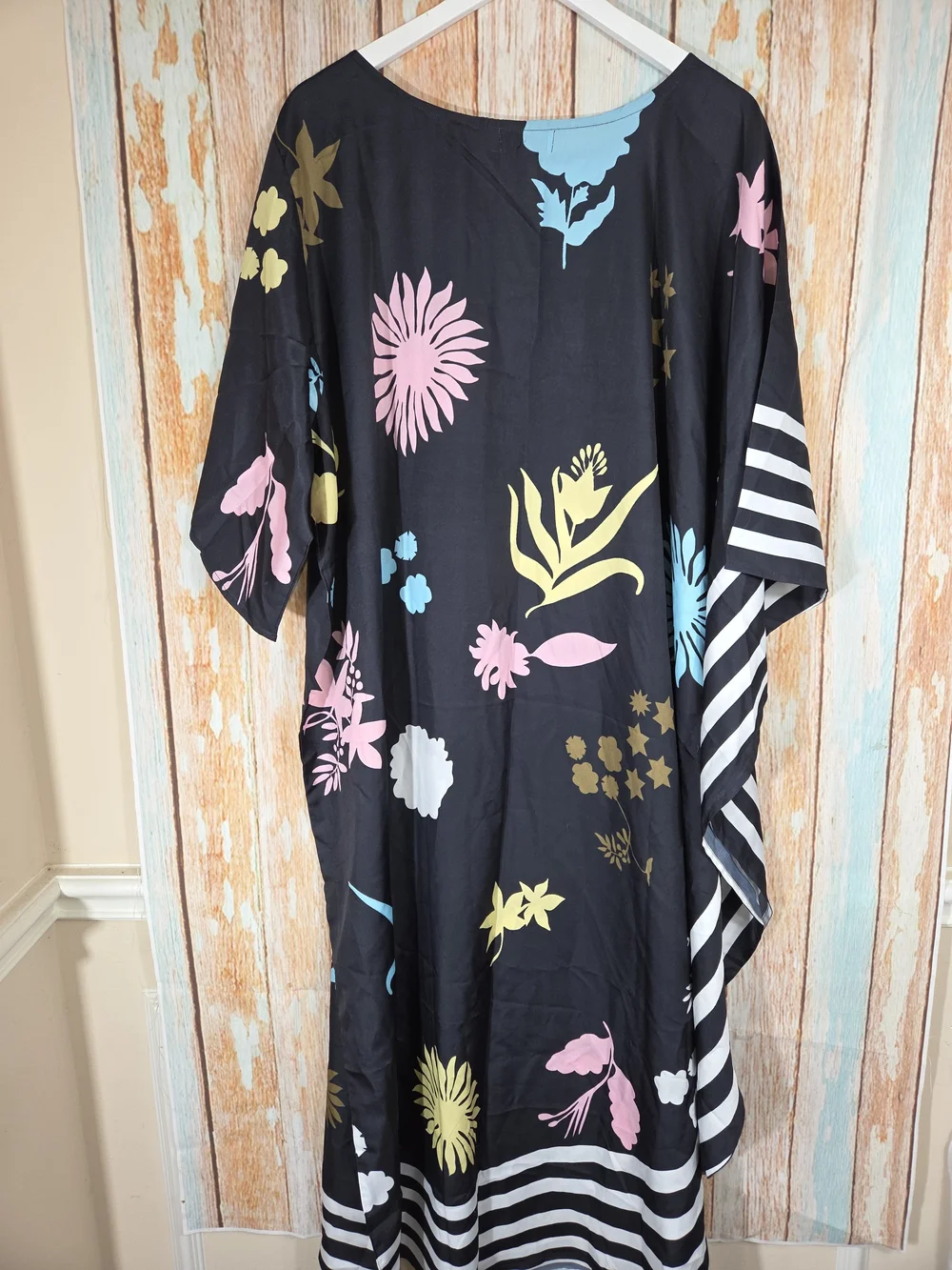 Tamsy Asymmetrical Floral Black Maxi Kaftan w/Multicolor Blooms Mumu Coverup. OS